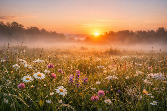Wildflower meadow with daisies and clover at sunrise with dew and mist