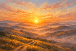 Sunset casting warm light over rolling hills with mist and a winding path