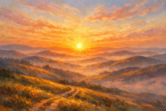 Sunset casting warm light over rolling hills with mist and a winding path