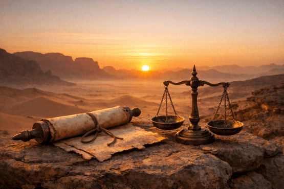 Desert sunrise, scroll and scales on rock