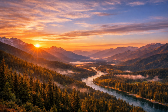 Panoramic sunrise over mountains, forests, river valley