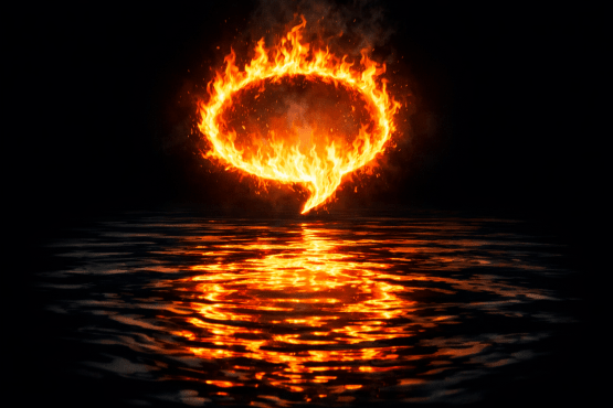Speech bubble made of flames reflecting on dark water