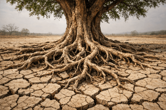 Large tree roots spreading over dry cracked earth in a drought-affected landscape