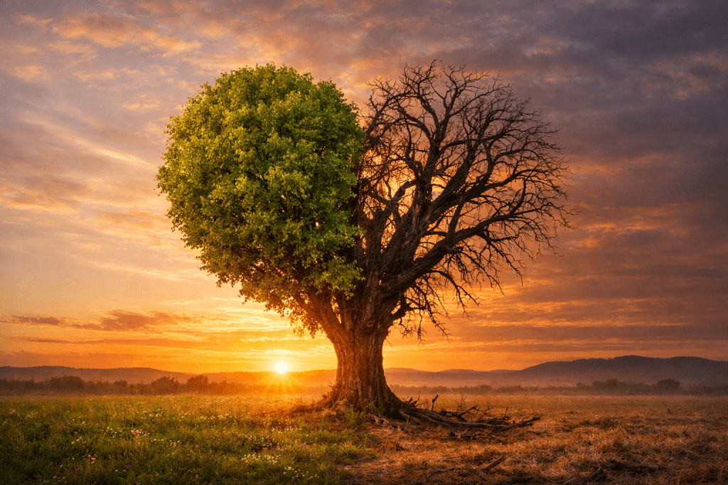 Tree with one side green leafy and the other side bare branches at sunset