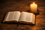 Open Bible with text illuminated by lit candle on rustic wooden table