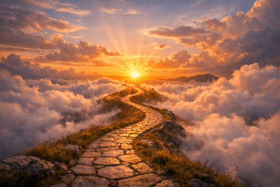 Stone pathway winding up a mountain above clouds at sunrise