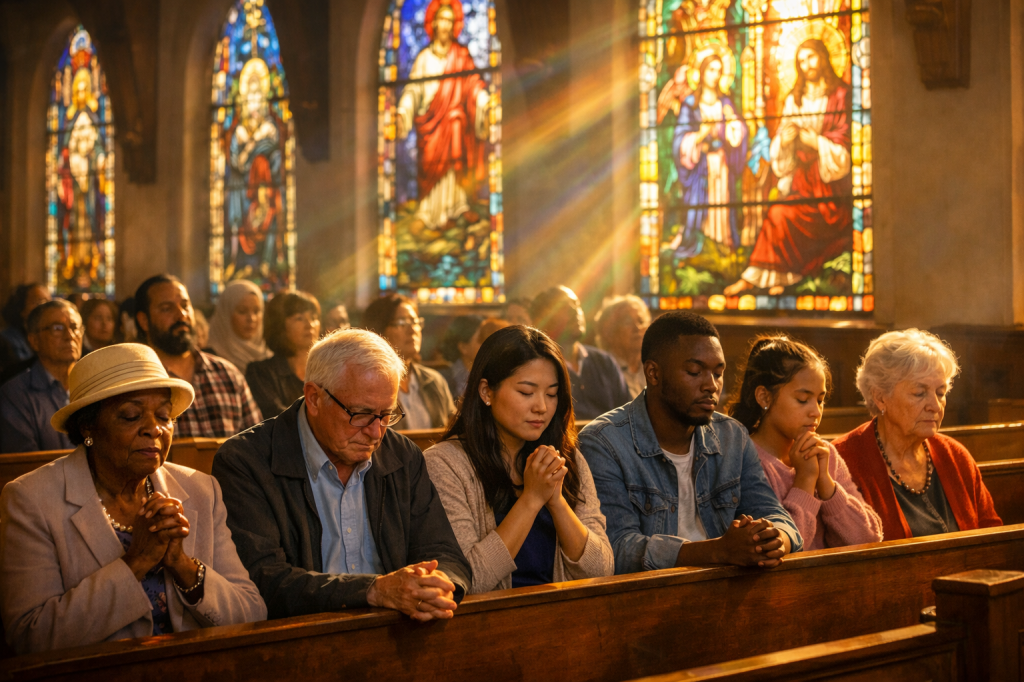 People praying in church pews with stained glass windows in background