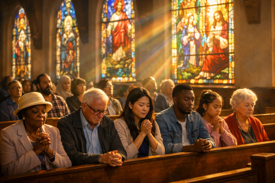 People praying in church pews with stained glass windows in background