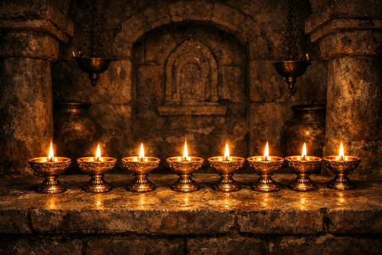 Eight lit traditional brass oil lamps on a stone altar in ancient setting