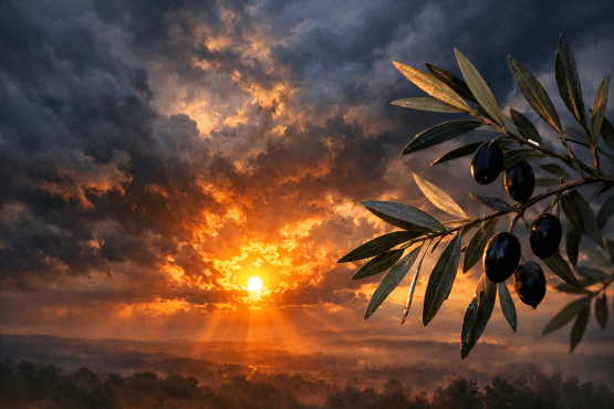 Olive branch with dark olives against a dramatic sunset sky