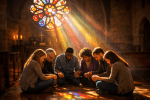 Six diverse people sitting in a church holding hands in prayer under colorful light from stained glass.
