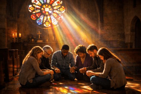 Six diverse people sitting in a church holding hands in prayer under colorful light from stained glass.