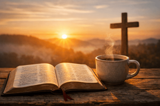 Open Bible on wooden table next to steaming coffee cup with wooden cross and sunrise in background