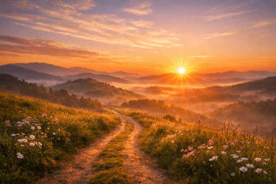 Dirt path through wildflowers with sunrise and misty mountains