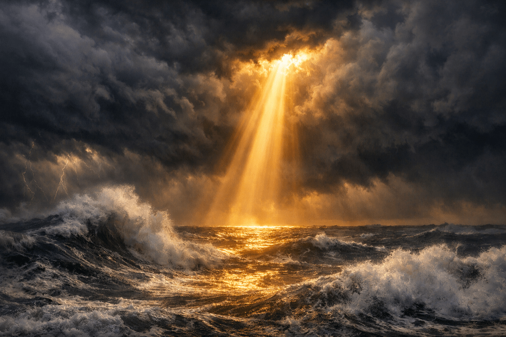 Sun rays piercing thick storm clouds above choppy ocean waves