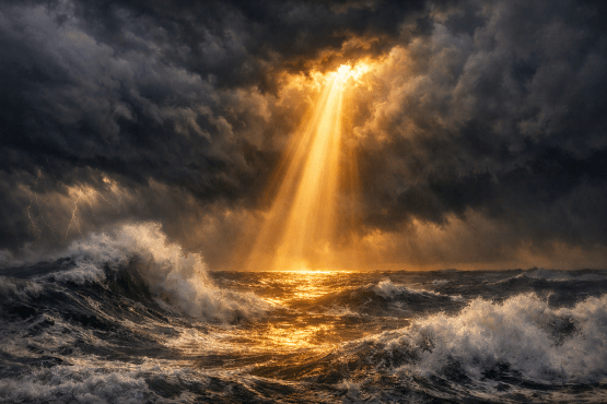 Sun rays piercing thick storm clouds above choppy ocean waves