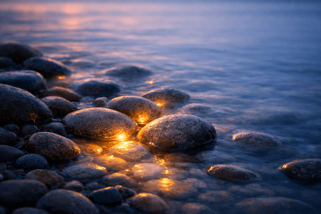 Smooth wet stones on shoreline illuminated by soft sunset light