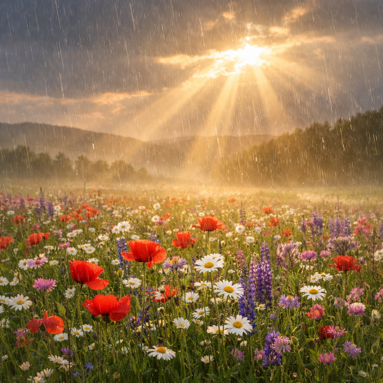 Wildflower field with daisies, poppies, and lupines under rain and sun rays