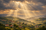 Rays of sunlight shining through clouds onto a village and green hills
