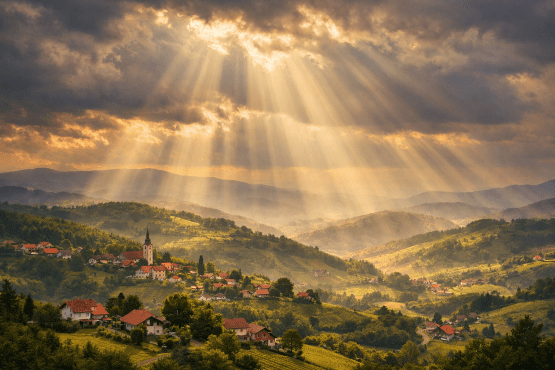 Rays of sunlight shining through clouds onto a village and green hills