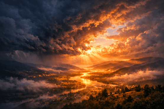 River valley at sunset with storm clouds, lightning, and sunlight breaking through