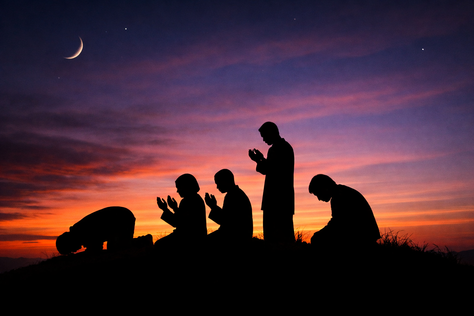Silhouettes of five people praying at sunset with crescent moon