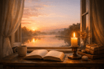 Open book on wooden table with lit candle and mug by window showing river at sunrise