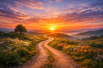 A winding dirt path through a hillside with wildflowers and a tree at sunset