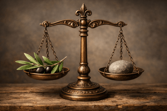 Antique brass scales with fresh olive branch and stone balanced on wooden surface