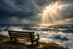 Empty wooden bench by turbulent ocean with sunlight rays through dark clouds
