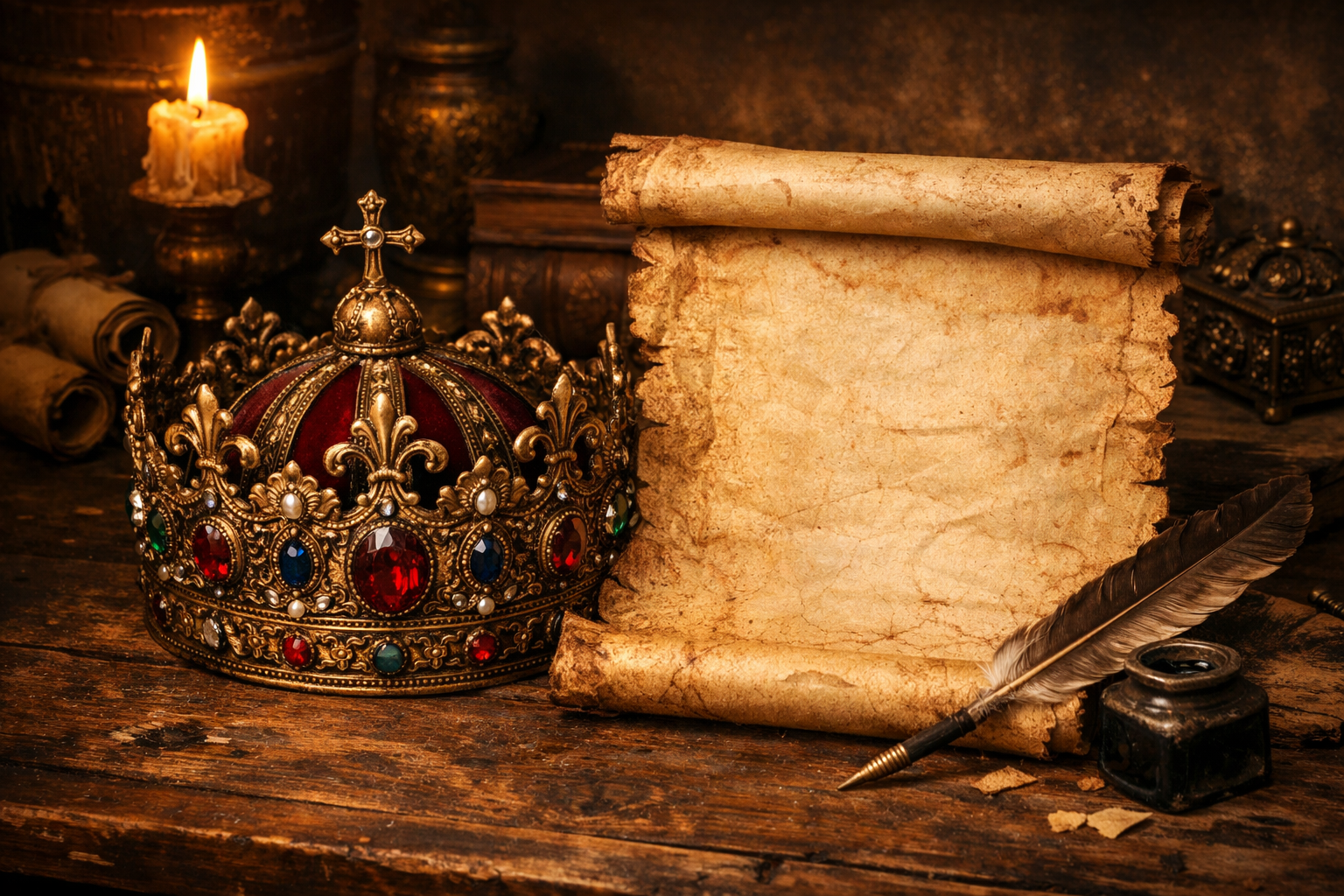 Ornate jeweled crown beside aged parchment scroll and quill with inkwell