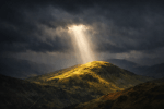Sunbeam shining through clouds onto a green hill in a mountainous landscape