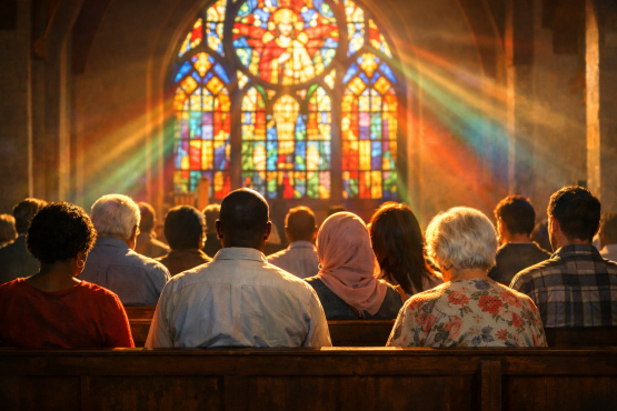 Congregation seated in church pews facing stained glass windows with rays of light