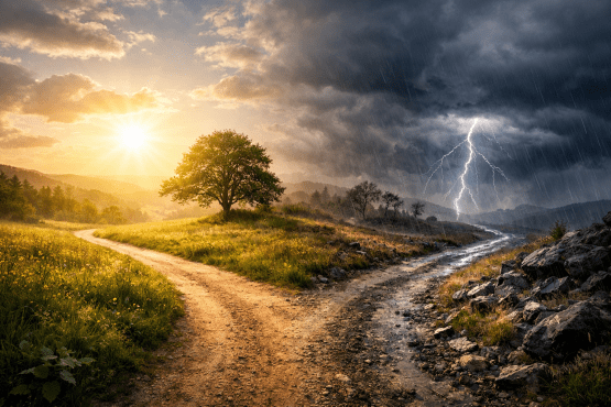Forked dirt road with sunny landscape on left and stormy rain with lightning on right