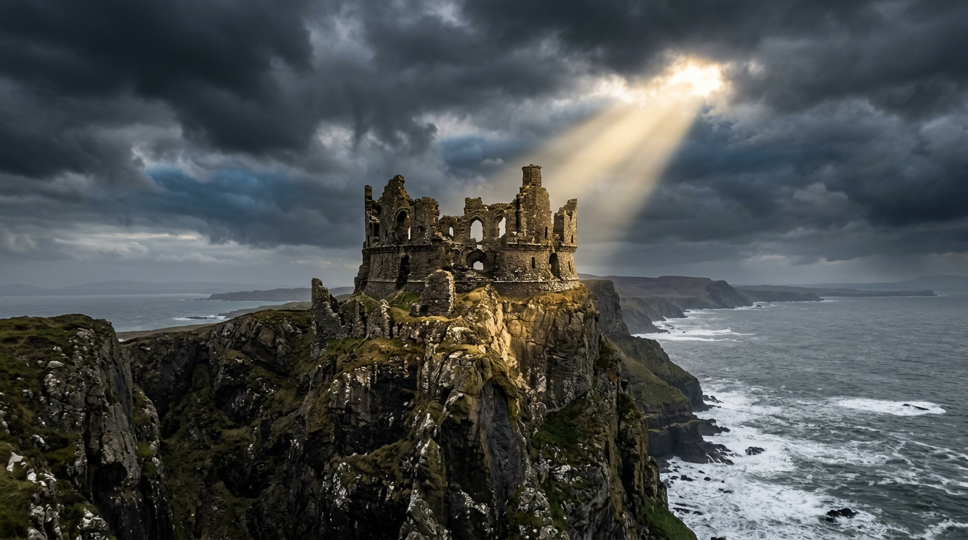 Dramatic coastal castle ruins under stormy sky