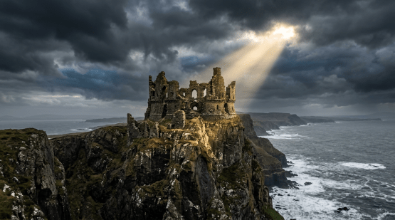 Ancient castle ruins atop rocky cliffs by the ocean under dark stormy clouds with sun rays shining through