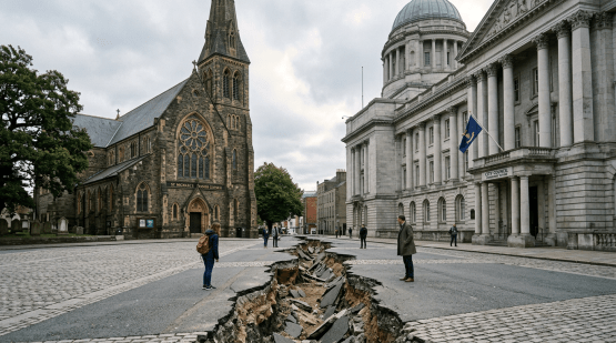 Deep fissure in city street between stone church and government building with people observing