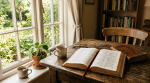 Open Bible with red bookmark, two cups of tea, a potted plant, eyeglasses, and a closed Holy Bible on a wooden table by a window