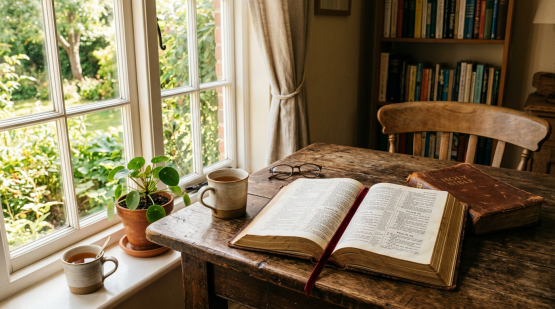 Open Bible with red bookmark, two cups of tea, a potted plant, eyeglasses, and a closed Holy Bible on a wooden table by a window