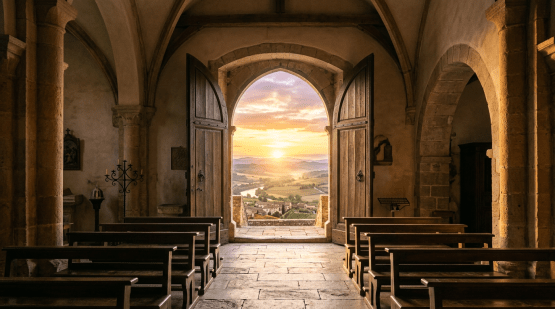 Interior of stone church with wooden pews and open arched doors showing sunset over rolling hills