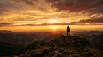 Silhouette of a hiker standing on mountain peak at sunset with layered hills in background