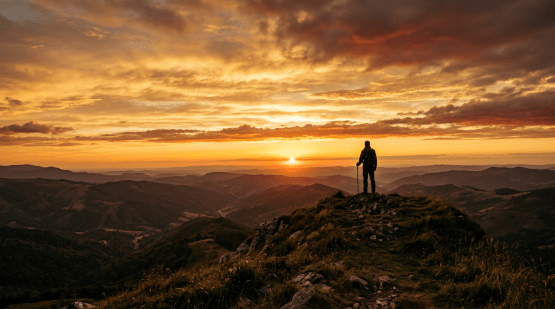 Silhouette of a hiker standing on mountain peak at sunset with layered hills in background