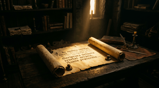 Open ancient scroll with Latin text on wooden desk under soft light
