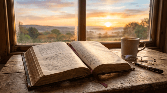 Open Bible on a wooden table near window with sunrise, coffee mug, glasses, and pen