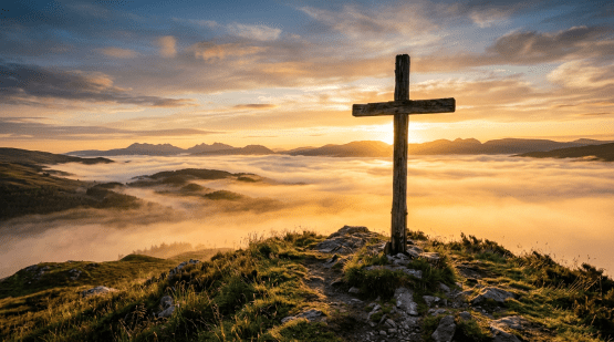 Wooden cross on hill with sunrise and misty valley in background
