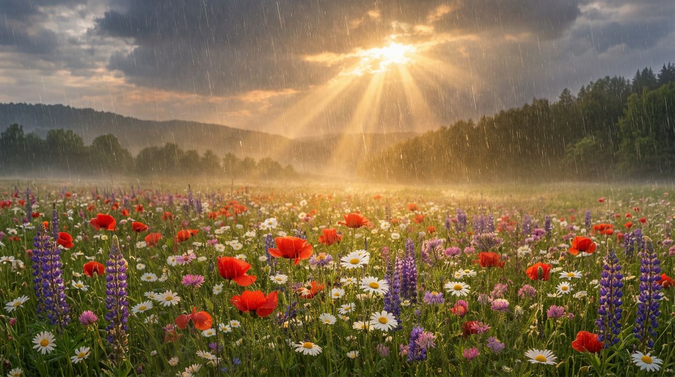 Wildflower field glowing in rain Wildflower field with daisies, poppies, and lupines under rain and sun rays