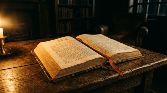 Open antique Bible showing Genesis chapter on wooden table next to lit candle