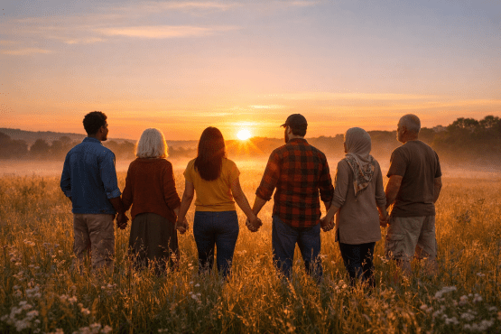 Diverse group holding hands in sunrise field