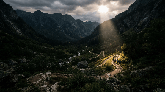 Shadowed valley with light beam illuminating winding path