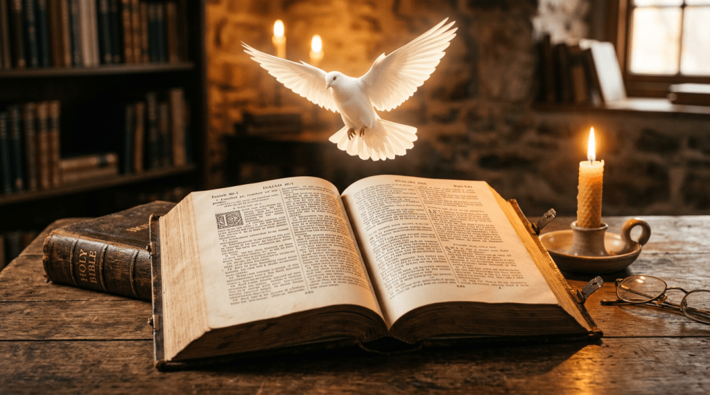 Open Bible on wooden table with flying white dove and candle